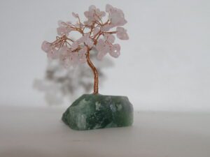 Copper Wire Wrap Rose Quartz Tree on Aventurine Base Stone