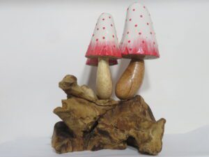 Carved Wooden Mushrooms Pink Red Dots