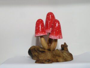 Carved Wooden Mushrooms Red White Dots